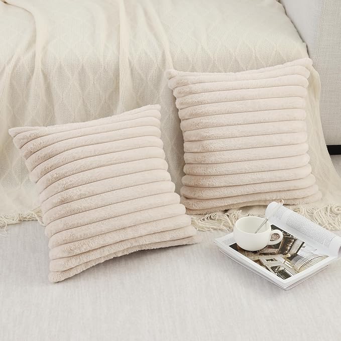 Pallene Faux Fur Plush Throw Pillow Covers 18x18 Set of 2, Luxury Soft Fluffy Striped Decorative Pillow Covers for Sofa, Couch, Living Room, Apricot