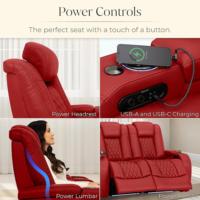 Seatcraft Diamante Zero-Gravity CoolZero Italian Leather Home Theater Seating, Power Headrest, Power Recline, Row of 2 Loveseat, Red