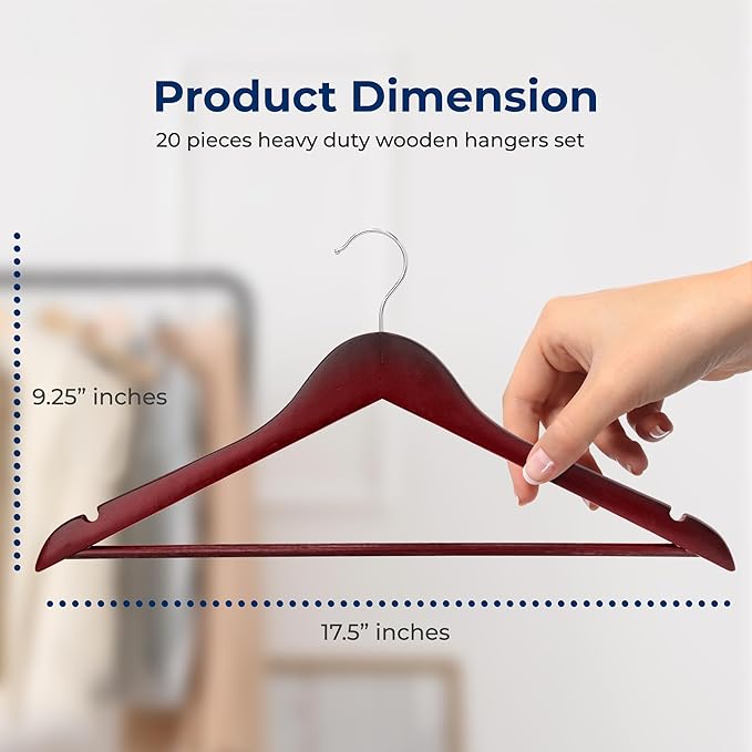 SereneLife 20-Pack Wooden Coat Hangers – Durable Suit Hangers with 360° Swivel Hook & Notches – Slim Design for Shirts, Jackets, Dresses, and More