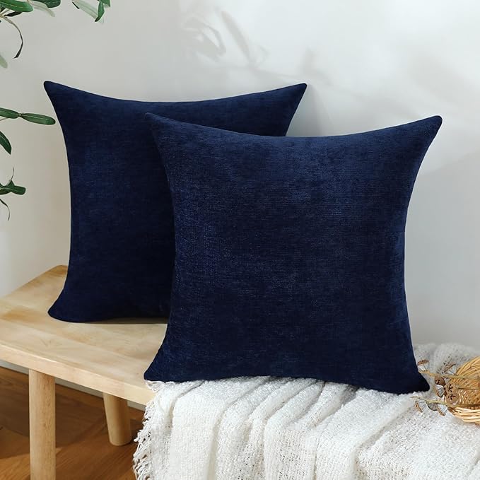 Jeneoo Navy Blue Decorative Throw Pillow Covers Soft Chenille Comfy Square Couch Cushion Cases for Living Room Sofa Decor (Set of 2, 18 x 18 Inches)