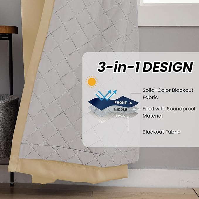 3-in-1 Layers Soundproof Curtains, Grommet Full Blackout Thermal Noise Dampening Curtains for Living Room, Bedroom(1 Panel,Beige,50" x96")