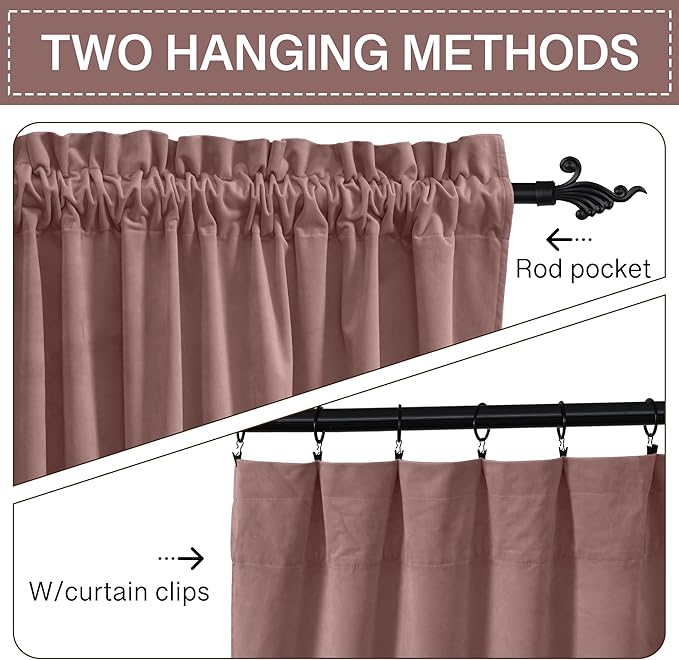 StangH 72 inch Length Wild Rose Velvet Curtains Light Dimming for Kid Bedroom, Soft Heavy Window Drapes Heat & Cold Blocking Noise Reducing for Dinning Patio, W52 x L72, 2 Panels