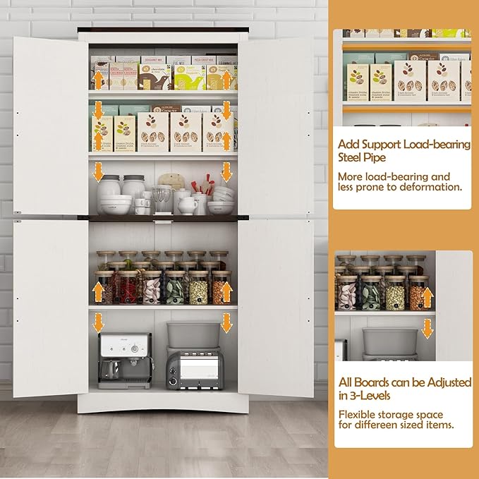 71" Tall Kitchen Pantry,Farmhouse Storage Cabinet with Adjustable Shelves,Load-Bearing Steel Pipe,Farmhouse Pantry Cabinet with 4 Barn Doors,for Kitchen,Dining Room,Living Room(Rustic White)