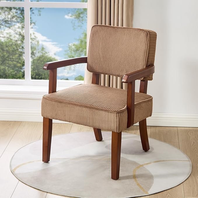 Corduroy Accent Chair, Mid Century Modern Armchairs with Solid Wood Frame, Oversized Reading Leisure Chair for Living Room, Bedroom (Corduroy Brown, One Chair)