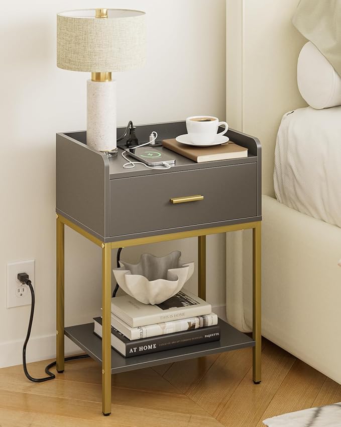 Masupu Nightstand with Charging Station,3-Tier Modern Bedside Night Stand with Storage Drawer and Shelf,Small End Side Table for Bedroom,Living Room,Grey