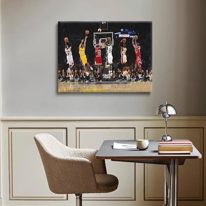 Basketball Legends Canvas Wall Art Print Poster, Iconic Sports Stars Shooting Inspirational Picture, Motivational Photography Wall Decor for Gym Dorm Home Office Living Room Bedroom, Framed 24x30inch