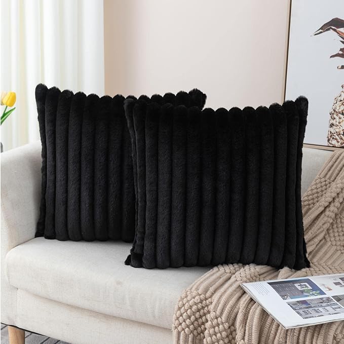 ZLINA Set of 2 Black Faux Fur Decorative Throw Pillow Covers Fluffy Striped Pillowcase Cushion Covers 26 x 26 Inch Decor Sofa Couch Bedroom