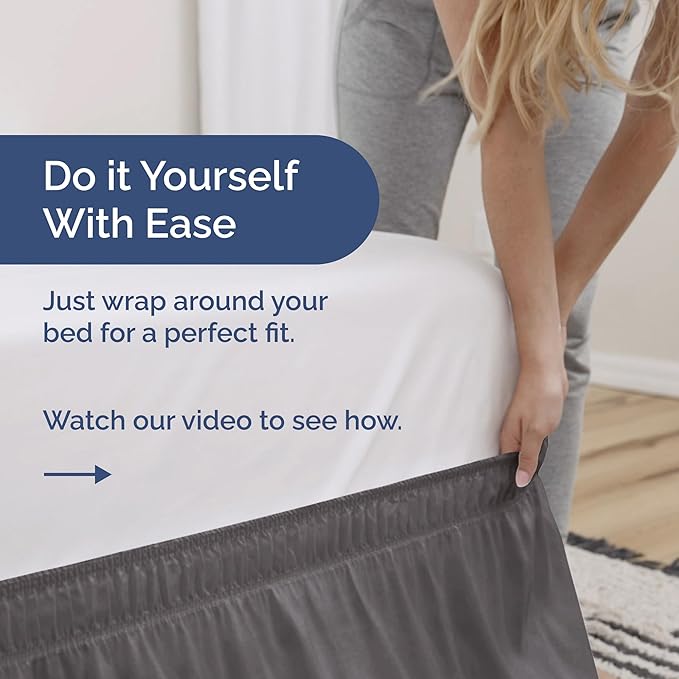 Wrap Around Dust Ruffle Bed Skirt - Dark Grey - for King Size Beds with 21 Inch Drop - Elastic Strap - Adjustable Pleated Bedskirt with Brushed Fabric and Wrinkle Free - for Women, Men, Kids & Teens