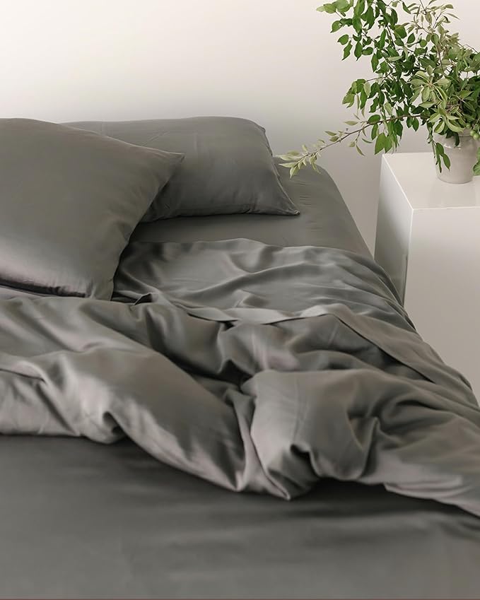 Cozy Earth Luxury Bed Sheet Set - 100% Viscose from Bamboo Fabric, Ultra-Soft & Breathable, Fits Regular & Deep Pocket Mattresses up to 20" - 4 Pieces Split King Sheet Set Charcoal