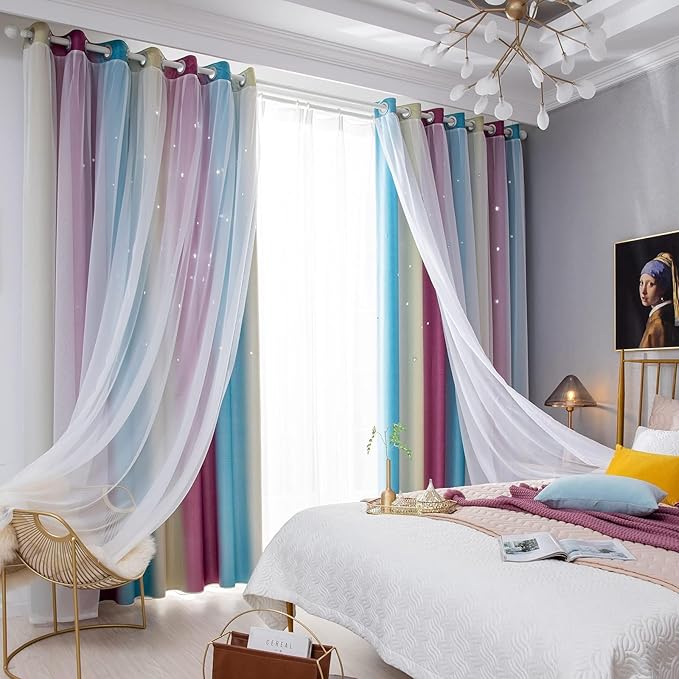 Star Blackout Curtains - Bedroom & Kids Rainbow Curtains, 108 Inch Long, Purple & Blue, 42 x 108 Inch, 2 Panels
