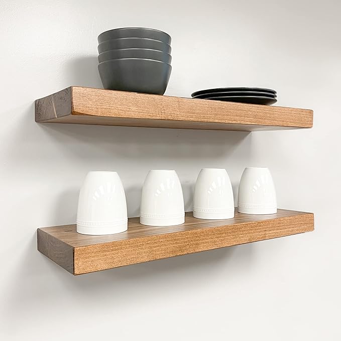 URBANDI, Rustic Floating Shelves, Set of 2, Hidden Bracket, Solid Wood, Heavy Duty, Wall Mounted Shelves, (Brown, 36Wx10D)