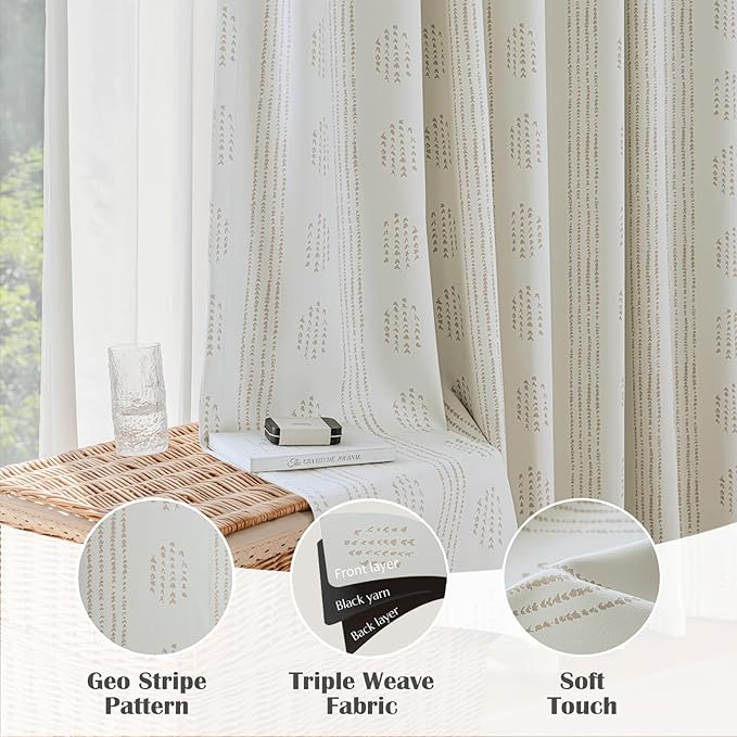 100% Boho Blackout Curtains 96 Inches Long for Bedroom, Taupe on Beige Patterned Bohemian Curtains for Living Room, Geometric Striped Thermal Insulated Window Drapes Gromment Top 2 Panels