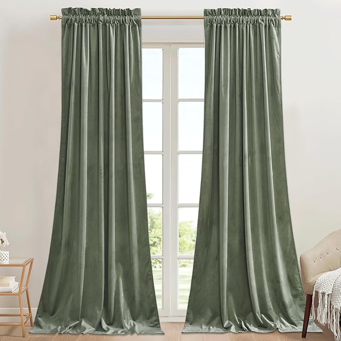 StangH Sage Green Velvet Curtains for Living Room Super Soft Thermal Insulated Privacy Protection Room Darkening Drapes for Bedroom/Nursery, W62 x L96, 2 Panels