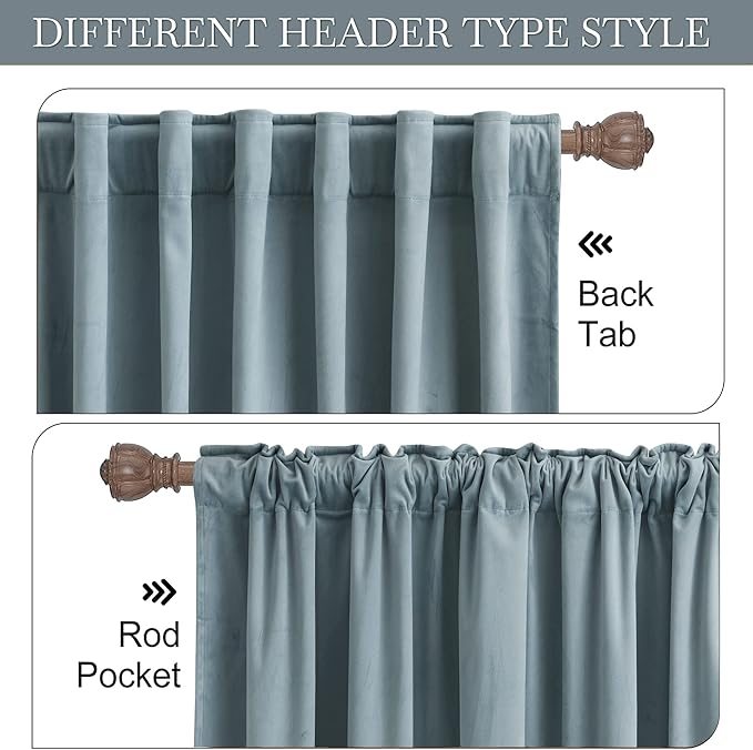 RYB HOME Velvet Curtains 72 inches Length, Back Tab & Rod Pocket Soft Fabric Curtains & Drapes for Bedroom Bathroom Cafe, Stone Blue, W 42 x L 72, 2 Panels Set