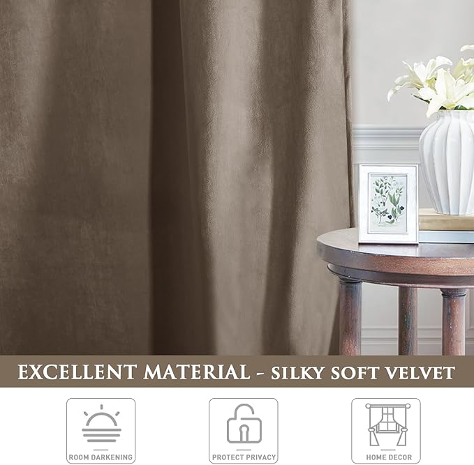StangH Taupe Velvet Curtains - Premium Blackout Thermal Curtains for Bedroom/Office, Heavy Soft Drapes with Noise Reduction, Modern Neutral Home Decor, W52 x L92, 2 Panels