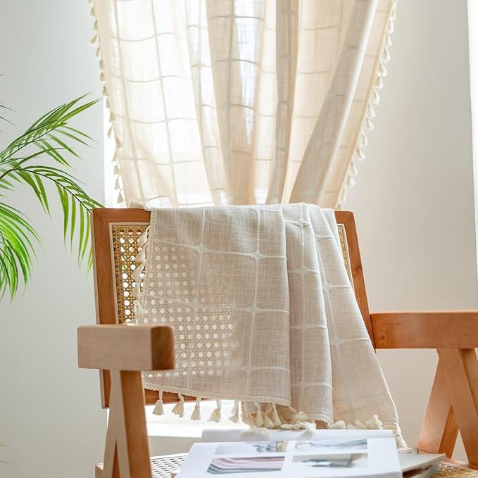 Sutuo Home Boho Curtains for Bedroom Dining Room 90 Inches Long, Beige Bohemian Farmhouse Vintage Chic Tassels Linen Semi Blackout Window Treatment Drape, 1 Panel 52" W x 90" L, Light Coffee Plaids
