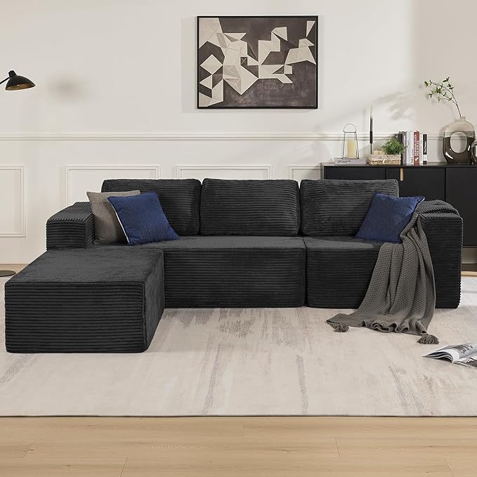 106" Modular Sectional Sofa with L-Shape Chaise, Right/Left Facing Deep Seat Cloud Couch, No Assembly Required, Upholstered Couch for Living Room Bedroom (Plush Corduroy Fabric, Black)