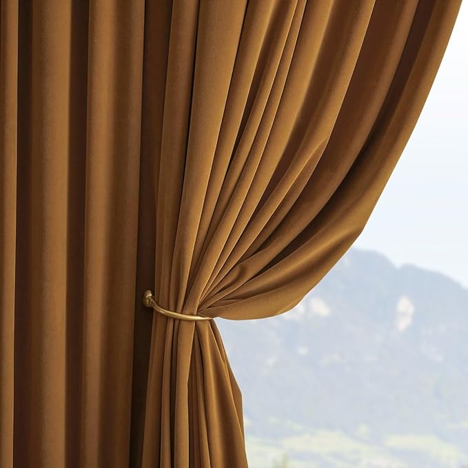 Joydeco Camel Brown Velvet Curtains 120 inch Length 2 Panels, Luxury Blackout Rod Pocket Thermal Insulated Window Curtains, Super Soft Room Darkening Drapes for Living Room Bedroom,W52 x L120 inches