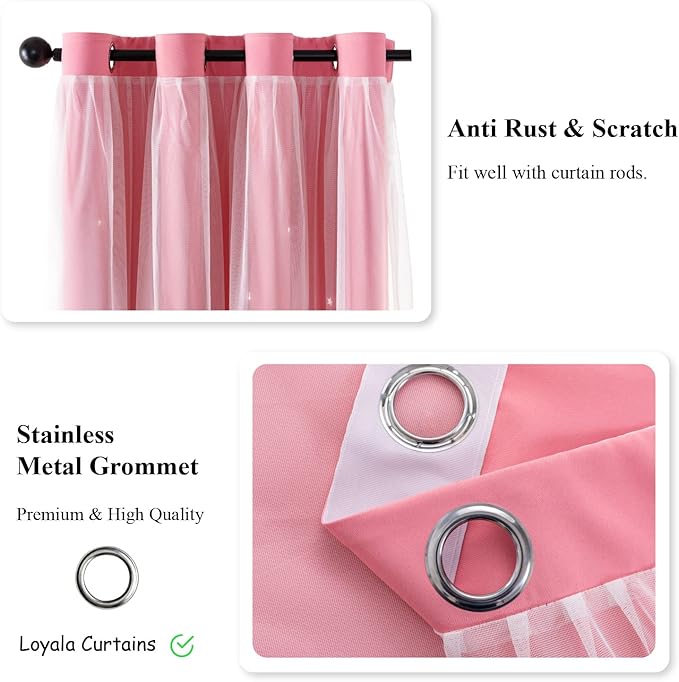 Stars Double Layer Blackout Curtains for Bedroom Kids, 72 Inches Long 2 Panels Set, Pink, 52 X 72 Inches
