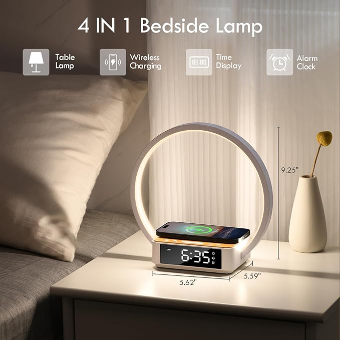 WILIT Bedside Lamp with Alarm Clock,Touch Lamp with Wireless Charger,Nightlight for Bedroom,Sunrise Wake-up Light,3-Grade Dimmable,Birthday Gifts for Her,Women,Men,Mom,Daughter,Girlfriend(Wood Grain)