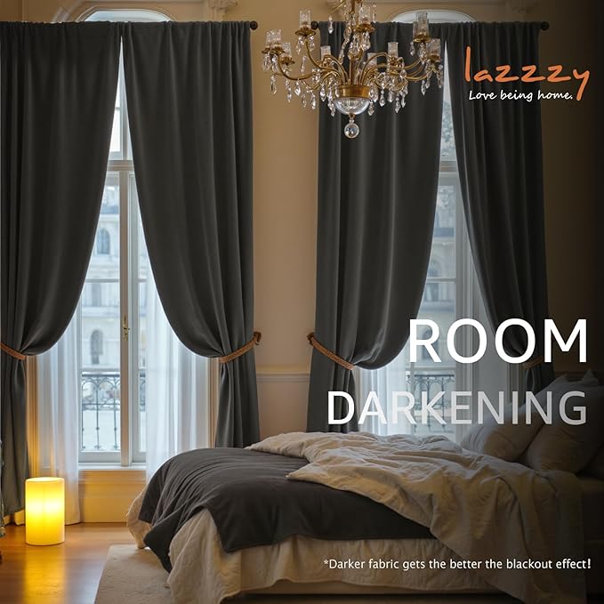 Lazzzy Velvet Blackout Curtains Thermal Insulated Room Window Drapes Super Soft Luxury Curtains for Living Room Bedroom Rod Pocket 2 Panels, Grey, 62" W x 108" L