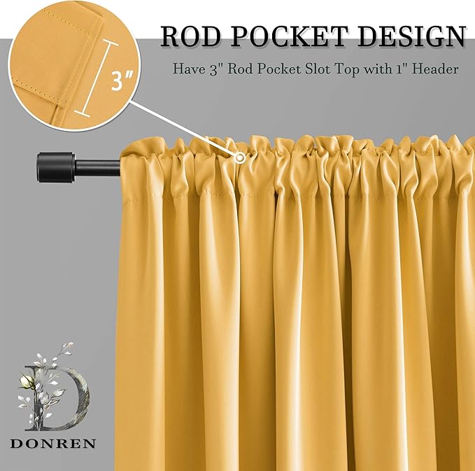 DONREN Gold Yellow Curtains Drapes for Bedroom - Thermal Insulated Room Darkening Rod Pocket Curtain Panels (42 W x 63 L,2 Panels)