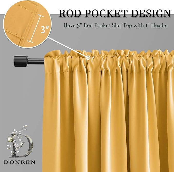 DONREN Gold Yellow Backdrop 5FT x 9FT Curtains for Christmas Background - Energy Saving Thermal Insulated Solid Rod Pocket Blackout Draperies for Patio (1 Pair,W 60 by L 108 Inch Length)