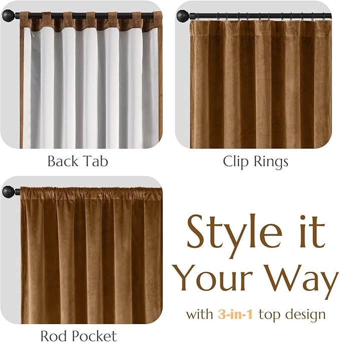 Lazzzy Velvet Blackout Curtains Thermal Insulated Curtains Room Window Drapes Super Soft Luxury Curtains for Living Room Bedroom Rod Pocket 2 Panels, 90 Inch Lined | Gold Brown