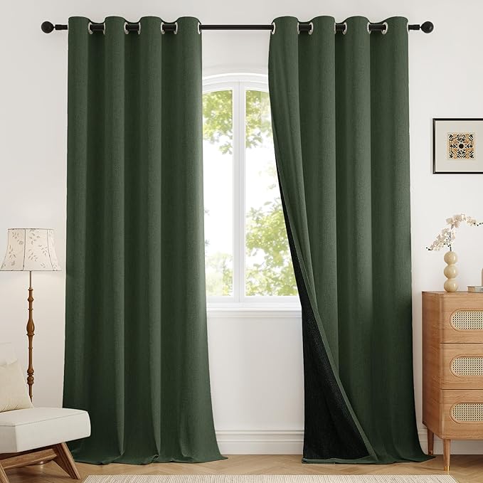 100% Blackout Curtains 96 inch Length 2 Panels for Living Room, Linen-Look Textured Room Darkening Thermal Insulated Noise Reduction Farmhouse Drapes for Bedroom (W52xL96, Olive)