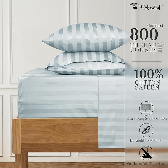 URBANHUT 800 Thread Count 100% Cotton Damask Queen Size Sheets, 4 Piece Striped Queen Size Bedsheets, Luxury Hotel Sheets Sateen Weave - Better Than Egyptian, 16" Elasticized Deep Pocket- Light Blue