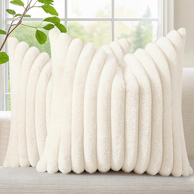 decorUhome Faux Fur Spring Throw Pillow Covers 18x18 Set of 2, Decorative Soft Plush Striped Neutral Couch Pillow Covers with Velvet Back for Sofa, Bed, Living Room Home, Cream White