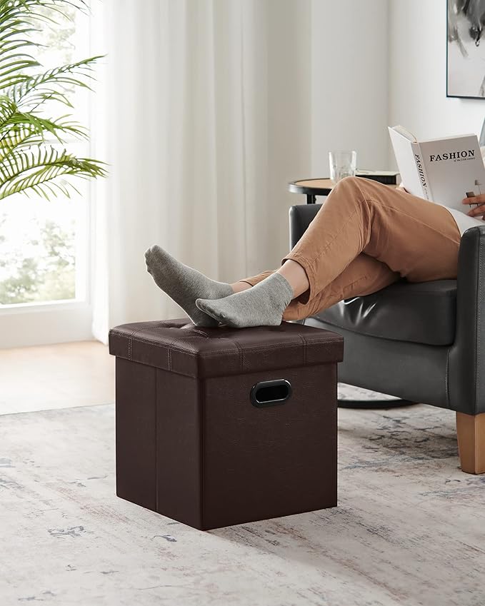 SONGMICS MAZIE Collection - 15 Inches Ottoman with Storage, Footstool, Storage Ottoman with Metal Grommet Handles, Load 660 lb, for Dorm, Living Room, Bedroom, Synthetic Leather, Brown ULSF30Z