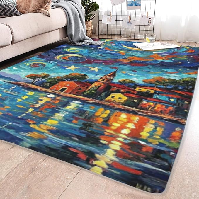 Machine Washable 5' x 8' Seaside Villages and Churches Area Rug, Bule Floor mat, Suitable for bedrooms, Girls' Room Bedside, Living Room, Dining Room, Office, Non-Slip Low-Pile Night Sky Carpet