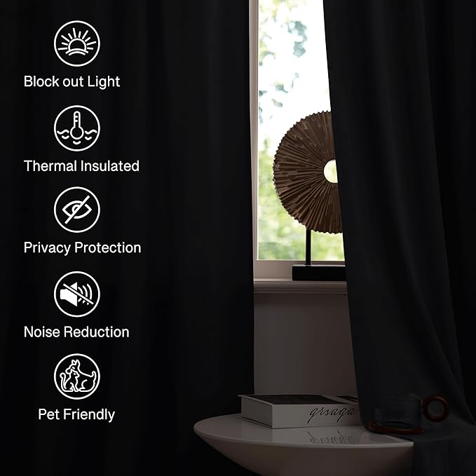 StangH Black Velvet Curtains - Premium Blackout Drapes for Bedroom, Heavy Soft Curtains with Light Blocking, Classic Black Home Decor, W52 x L100, 2 Panels