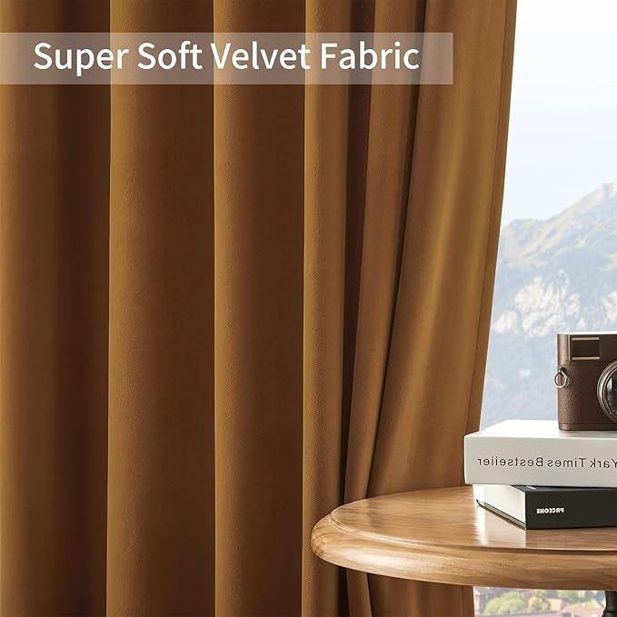 Joydeco Camel Brown Velvet Curtains 120 inch Length 2 Panels, Luxury Blackout Rod Pocket Thermal Insulated Window Curtains, Super Soft Room Darkening Drapes for Living Room Bedroom,W52 x L120 inches