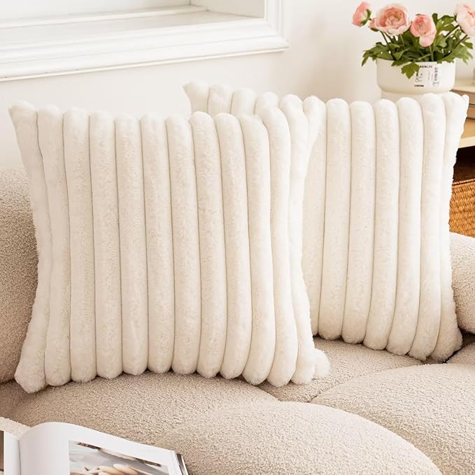 Double-Sided Faux Fur Plush Throw Pillow Covers 16x16 Set of 2 Fuzzy Striped Soft Cozy Pillowcase Luxury Decorative Pillows Square Shaggy Cushion Covers for Couch Sofa Bed,Cream White