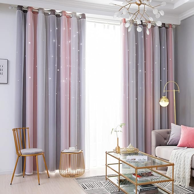 Star Blackout Curtains for Bedroom - Cute Kids Rainbow Curtains, 72 Inch Long 2 Panels, Pink & Grey, 52 x 72 Inch