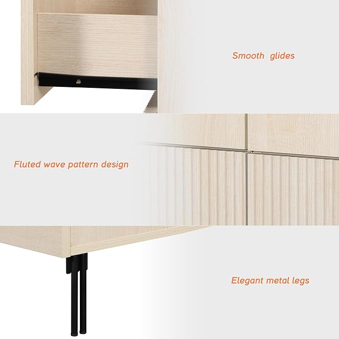 WAMPAT 63" W Fluted Dresser for Bedroom, Modern 6 Drawer Dresser TV Stand with Hidden Handles, Wooden Chest of Drawers Closet Clothes Storage Organizer for Bedroom, Living Room, Beige