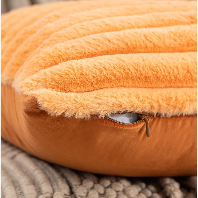 ZLINA Set of 2 Orange Faux Fur Decorative Throw Pillow Covers Fluffy Striped Pillowcase Cushion Covers 24 x 24 Inch Decor Sofa Couch Bedroom