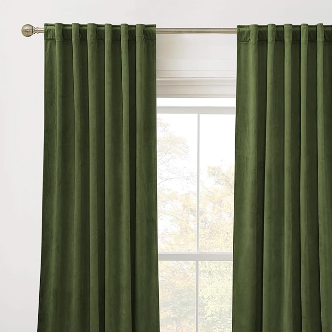 RYB Home Olive Green Velvet Curtains 84 inches 2 Panel Set - Heavy Duty Back Tab Decorative Window Drapes Privacy Room Darkening Covering for Living Room Bedroom, 52 inch x 84 inches