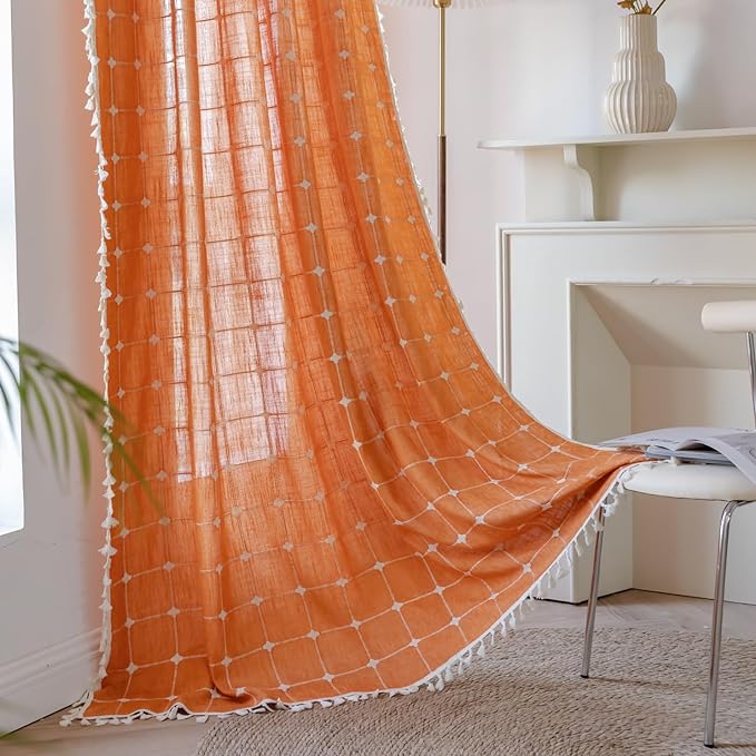 Sutuo Home Boho Curtains Plaids for Nursery, Bohemian Semi Blackout Linen Country Tassels Window Treatment Embroidery Drape for Fall Halloween Decor, Rod Pocket 1 Panel 52" W x 72" L, Burnt Orange