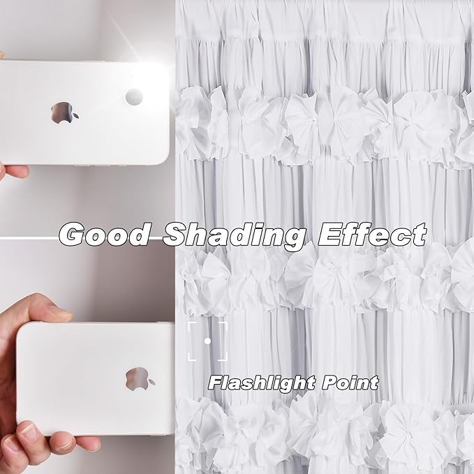 White Blackout Drapes - Handmade Ruffles & Butterfly Flower Accents Heat Blocking Window Curtain 52" W x 96" L (Pair) - Thermal Insulated, Soundproof & Light Reducing Curtains (LQ-37)