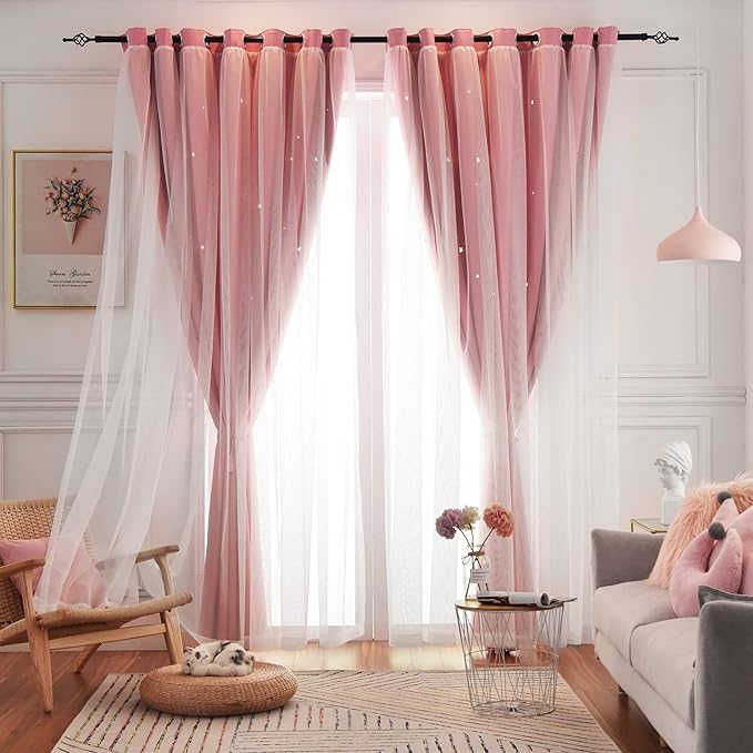 Star Curtains Double Layer Curtains Blackout Curtains for Bedroom Kids Cute 96 Inches Long 2 Panels Set, Pink, 42 X 96 Inches