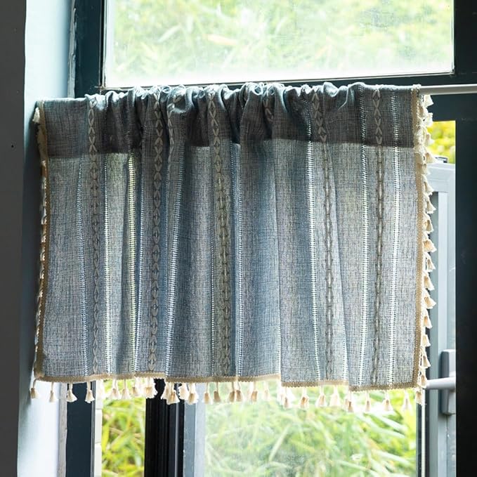 Sutuo Home Blue Boho Curtain 52W x 18L inch White Striped Light Filtering Short Valance, 1 Panel Embroidery Bohemian Farmhouse Country Kitchen Window Treatment Decor for Small Closet