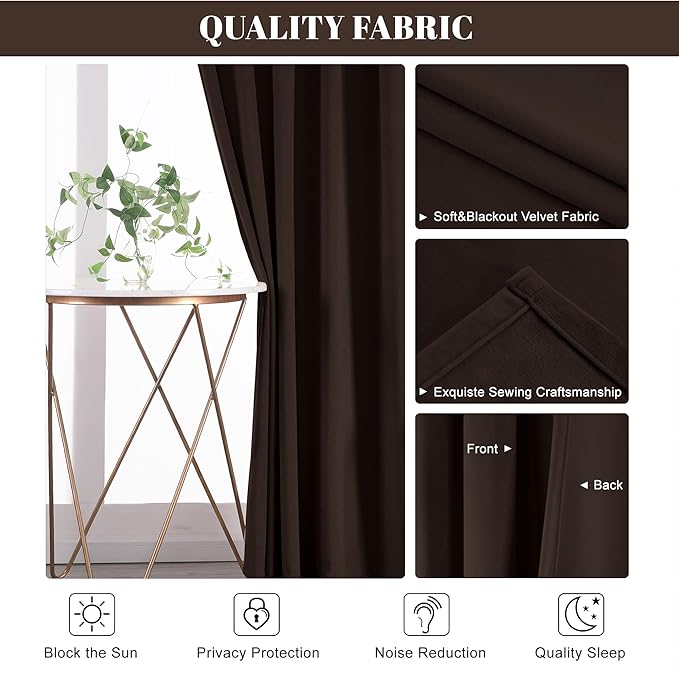 nanbowang Coffee Brown Velvet Curtains - 42 Inches Width 63 Inches Long Soft Curtain Rod Pocket Thermal Insulated Window Treatment for Bedroom 2 Panels