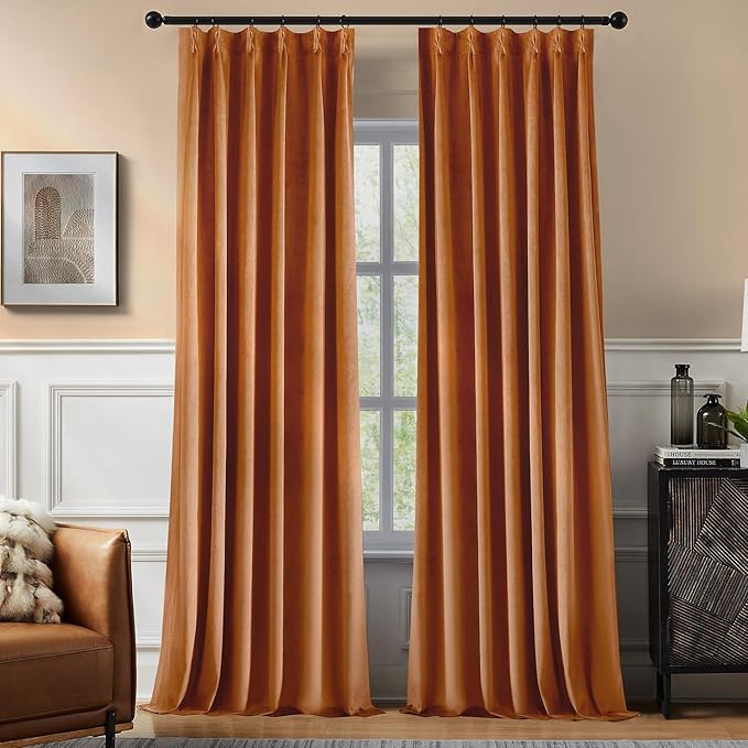 Pinch Pleated 100% Blackout Curtains for Bedroom, Yellow Velvet Curtains for Living Room, Black Out Curtain 86 inch Long Room Darkening, Blackout Pinch Pleat Drapes with Hooks 2 Panels