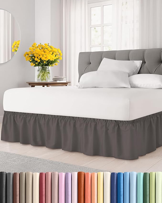 Wrap Around Dust Ruffle Bed Skirt - Dark Grey - for King Size Beds with 21 Inch Drop - Elastic Strap - Adjustable Pleated Bedskirt with Brushed Fabric and Wrinkle Free - for Women, Men, Kids & Teens