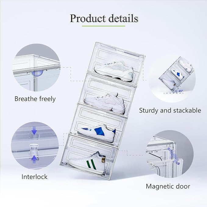 8 Pack XL Shoe Storage Box Organizer,Drop Side Large Shoe Boxes Clear Plastic Stackable Container,Magnetic Sneaker Display Case, Fit up to US 13(13.4”x 10.6”x 8.3”(8 Pack Black)