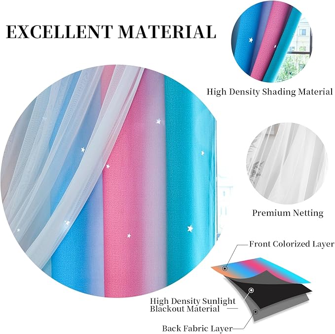 Star Blackout Curtains for Bedroom - Cute Kids Rainbow Curtains, 63 Inch Long 2 Panels, Beige, Blue & Pink