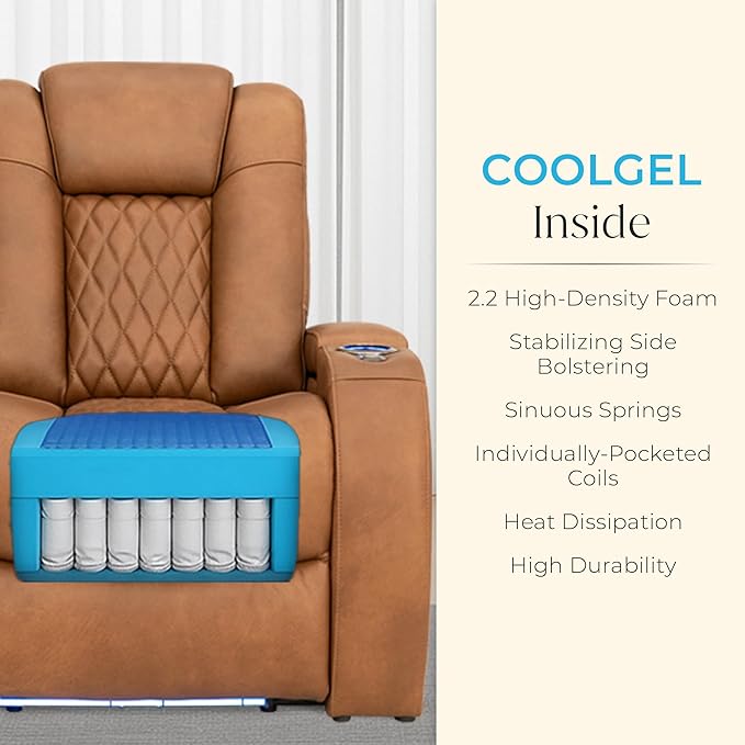 Seatcraft Diamante Zero-Gravity CoolZero Italian Leather Home Theater Seating, Power Headrest, Power Recline, Row of 3, Tawny